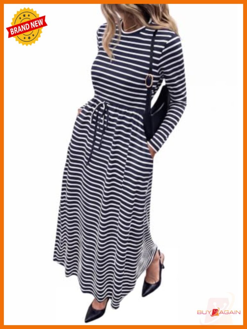 Long Sleeve Maxi Dress Striped Bow Waist Pockets Casual Fall